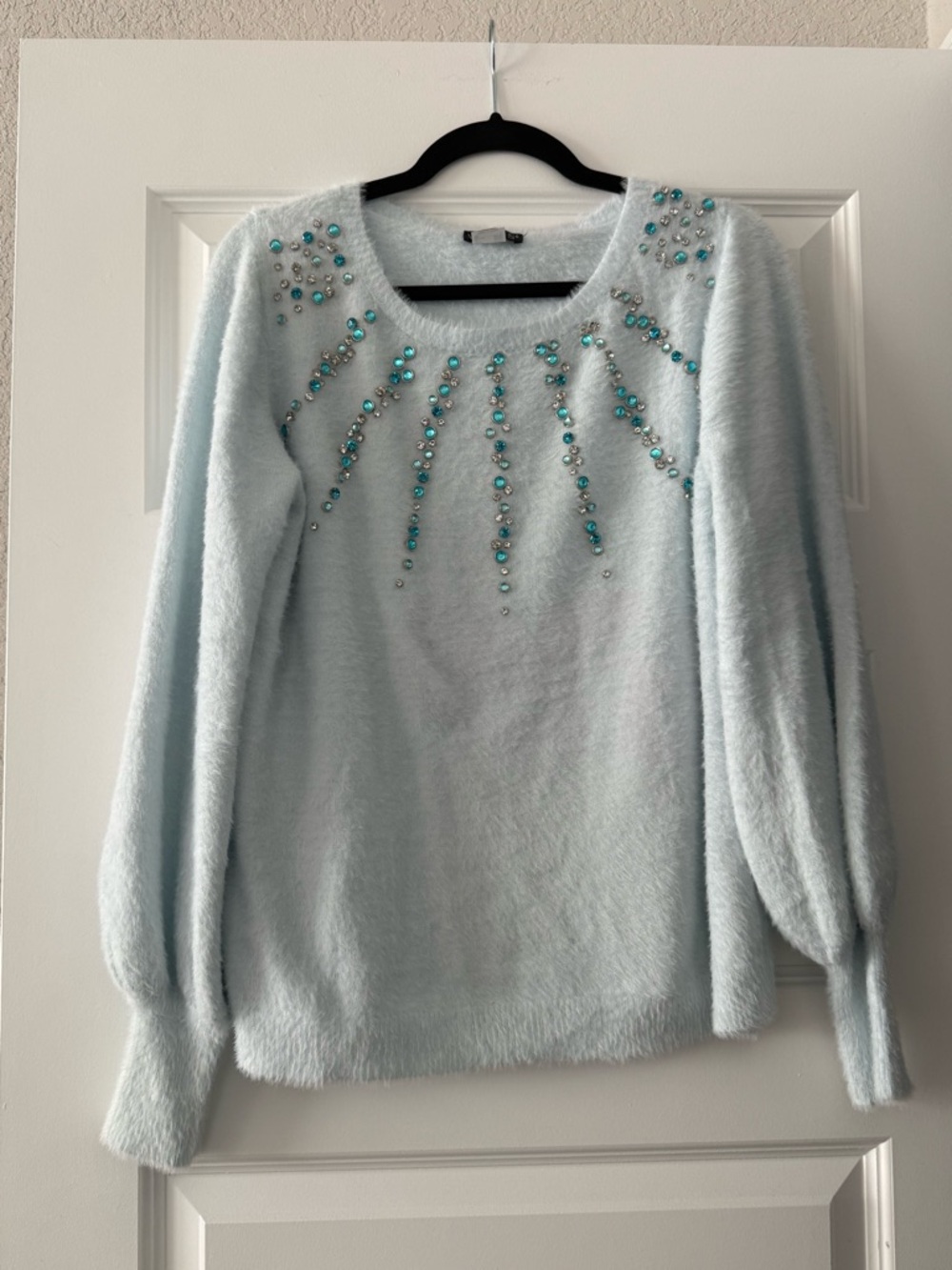 VENUS Light Blue Faux-Fur Jeweled Scoopneck Sweater